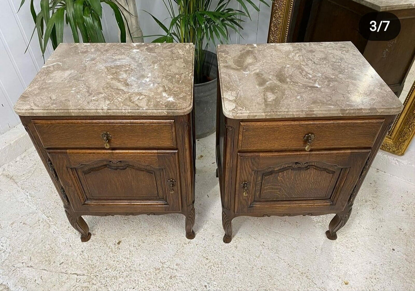 MARBLE TOP & OAK FRENCH BEDSIDE TABLES