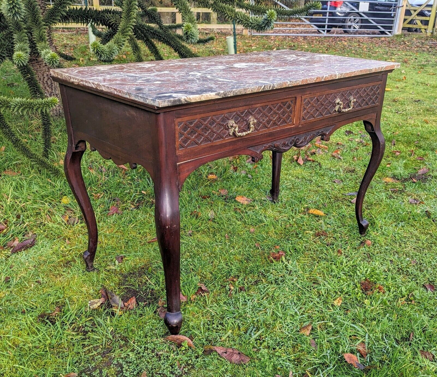 Stylish french carved marble top console table