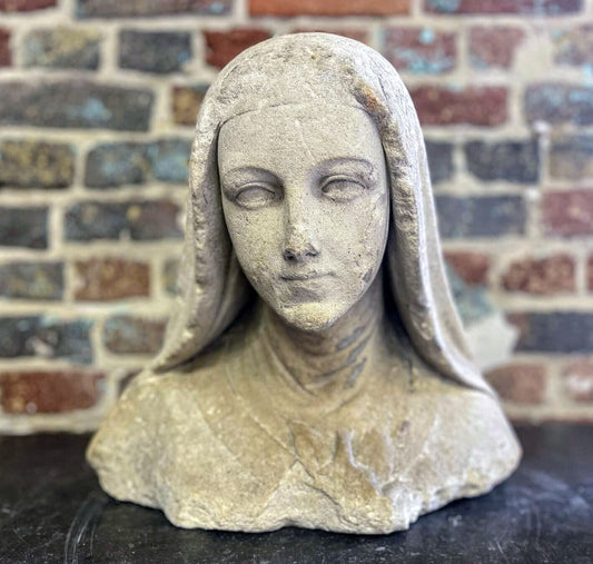Authentic Antique hand carved bust fragment of our lady from a complete statue sadly damaged in Normandy