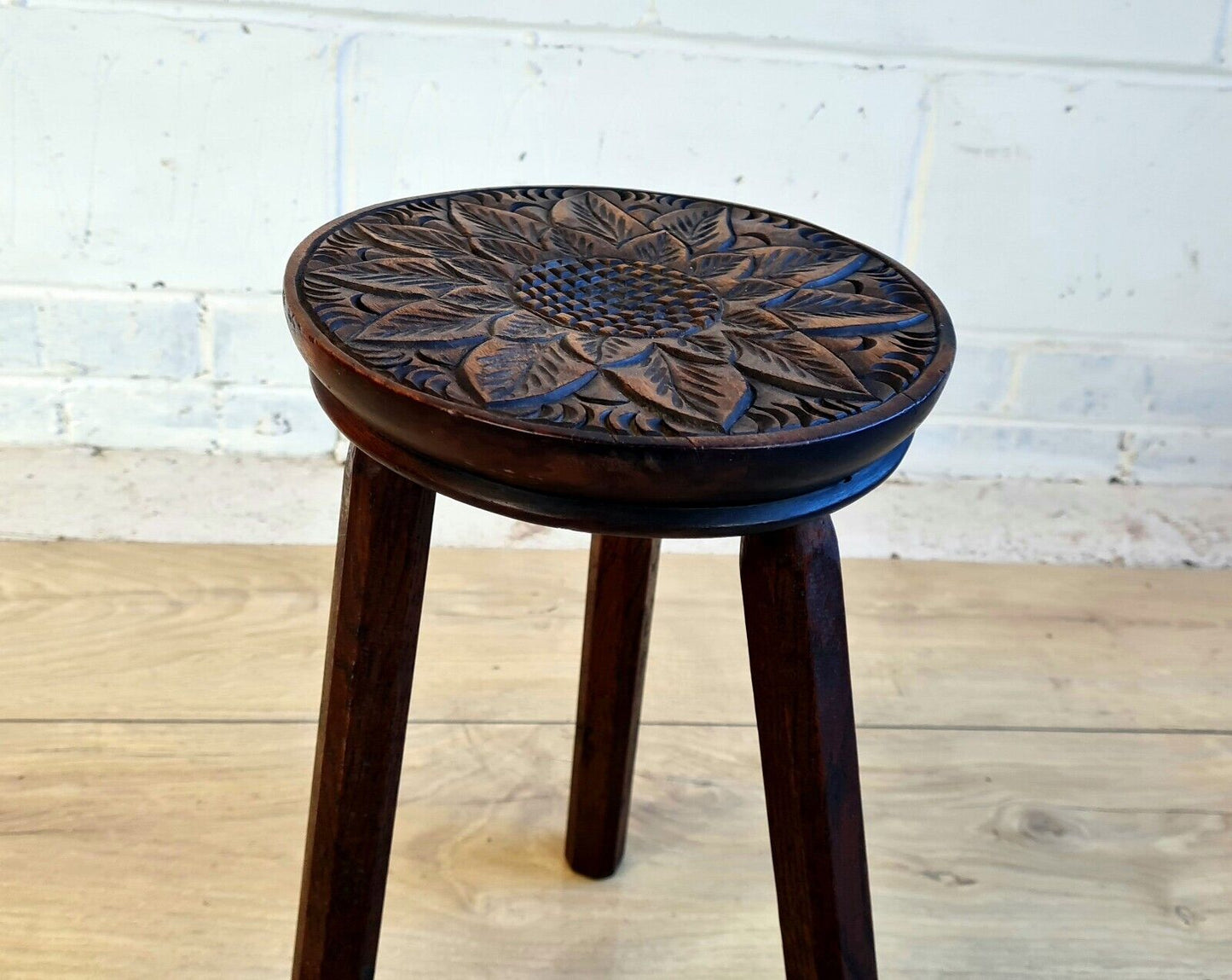 Carved 1920 s floral design oak tripod stool - Free UK Delivery