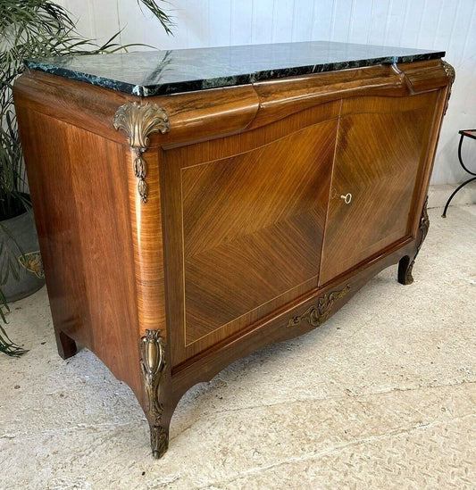 FRENCH BURR WALNUT AND MARBLE SIDEBOARD
