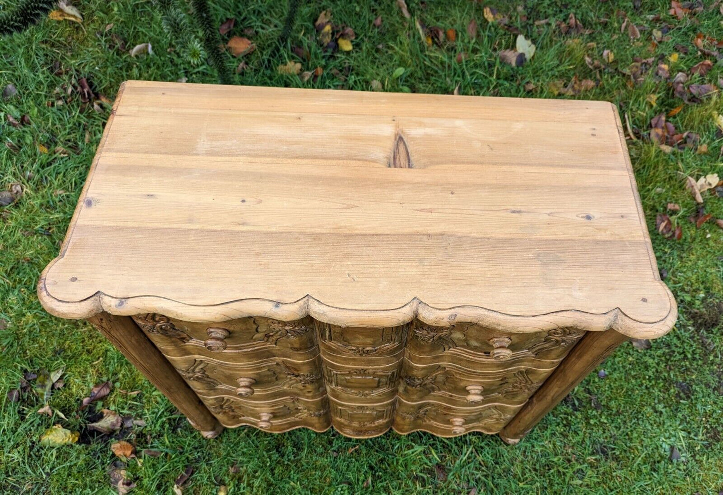 Exceptional french hand carved pine vintage chest of 3 drawers