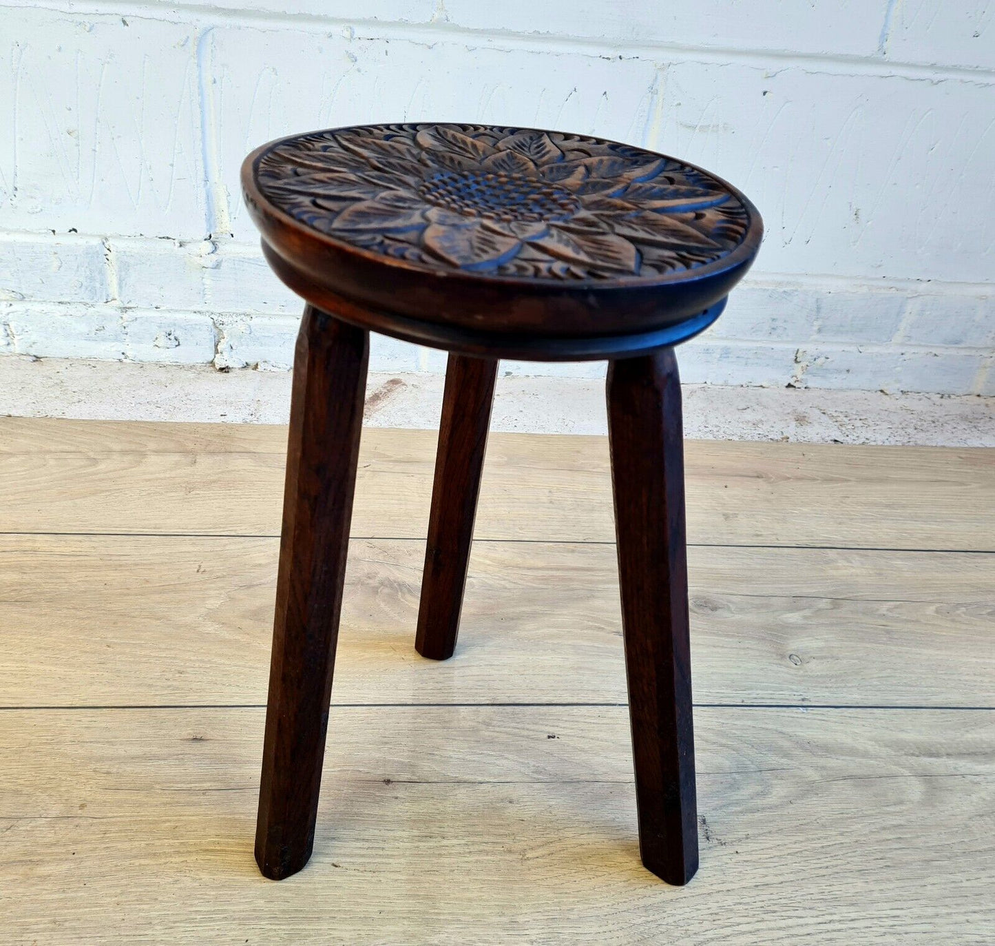 Carved 1920 s floral design oak tripod stool - Free UK Delivery