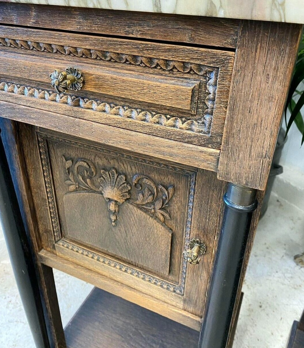 Antique French Empire Carved Tall Side Tables With Marble Top