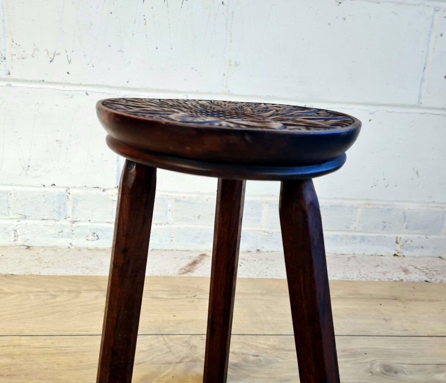 Carved 1920 s floral design oak tripod stool - Free UK Delivery