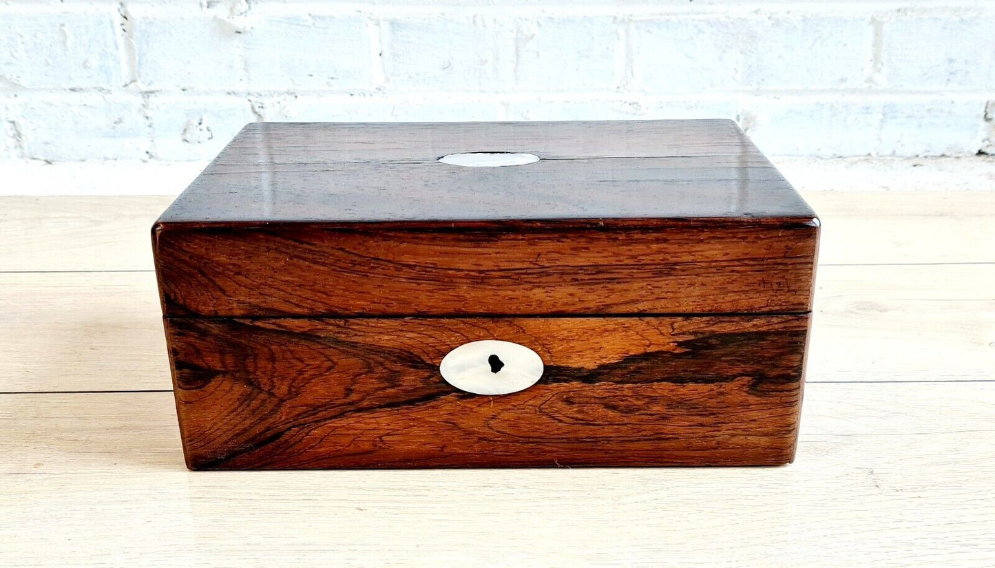 Antique Rosewood Work Box/Keepsake Box With Mother Of Pearl Inlay and Escutcheon