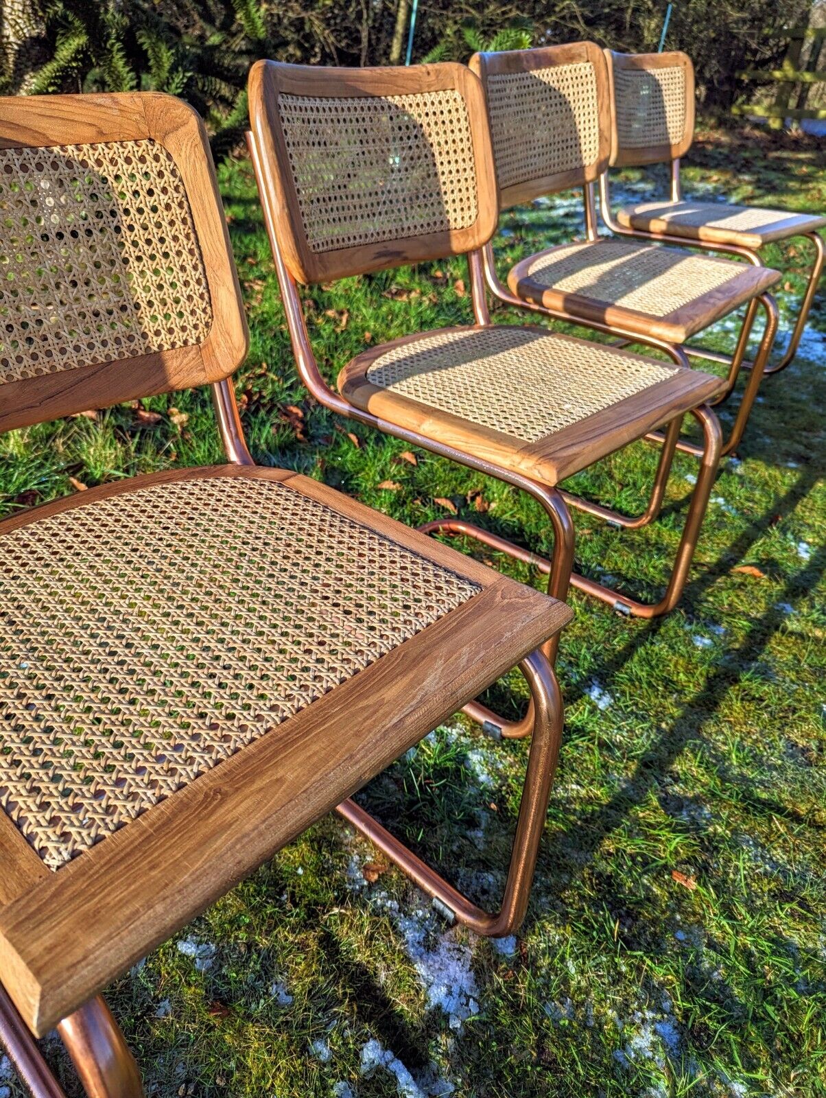 Cesca Style Vintage Oak Rose Gold Chrome & Rattan Cantilever Chairs Delivery Available