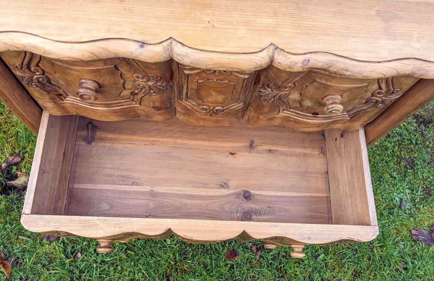 Exceptional french hand carved pine vintage chest of 3 drawers