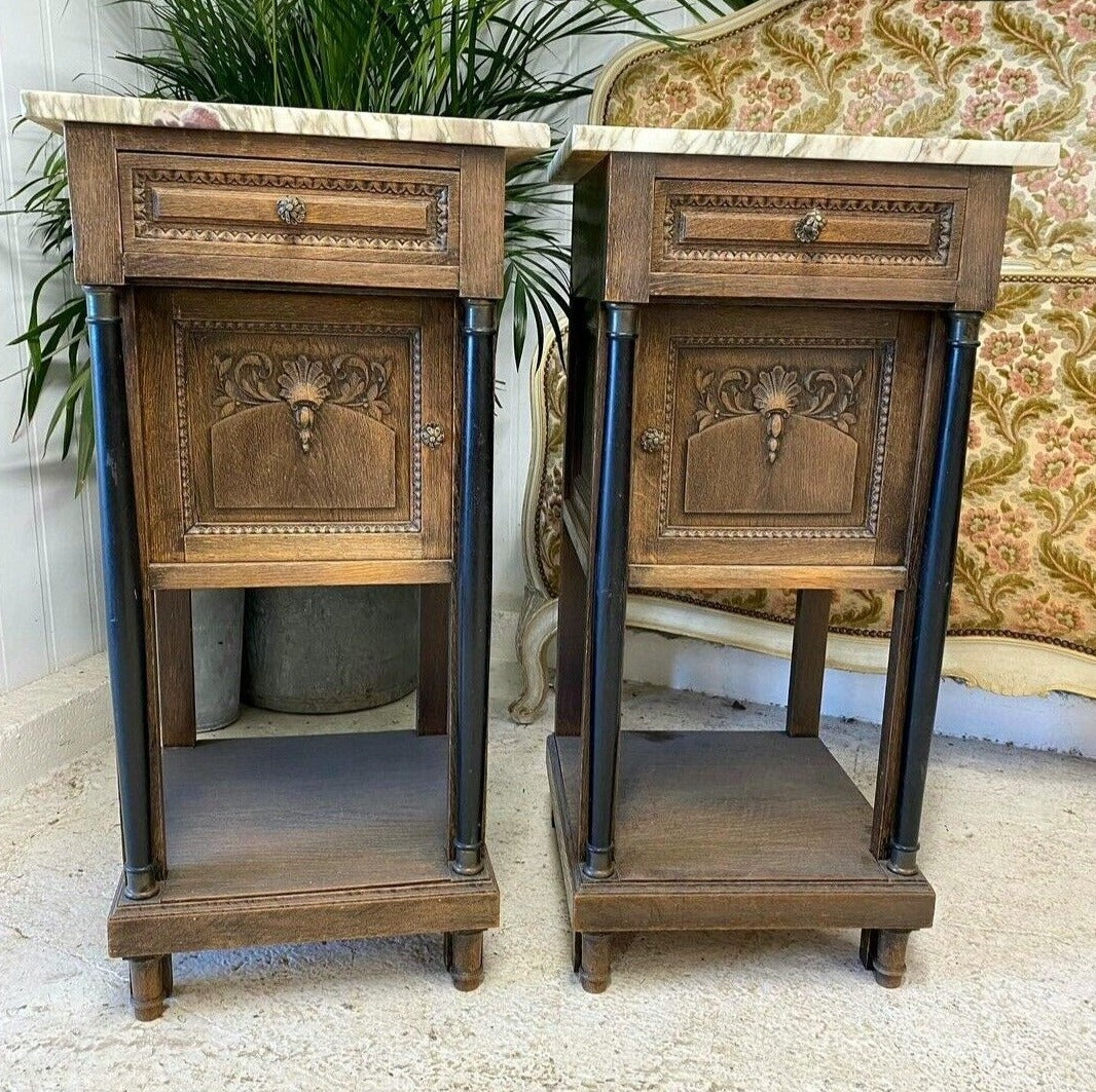 Antique French Empire Carved Tall Side Tables With Marble Top