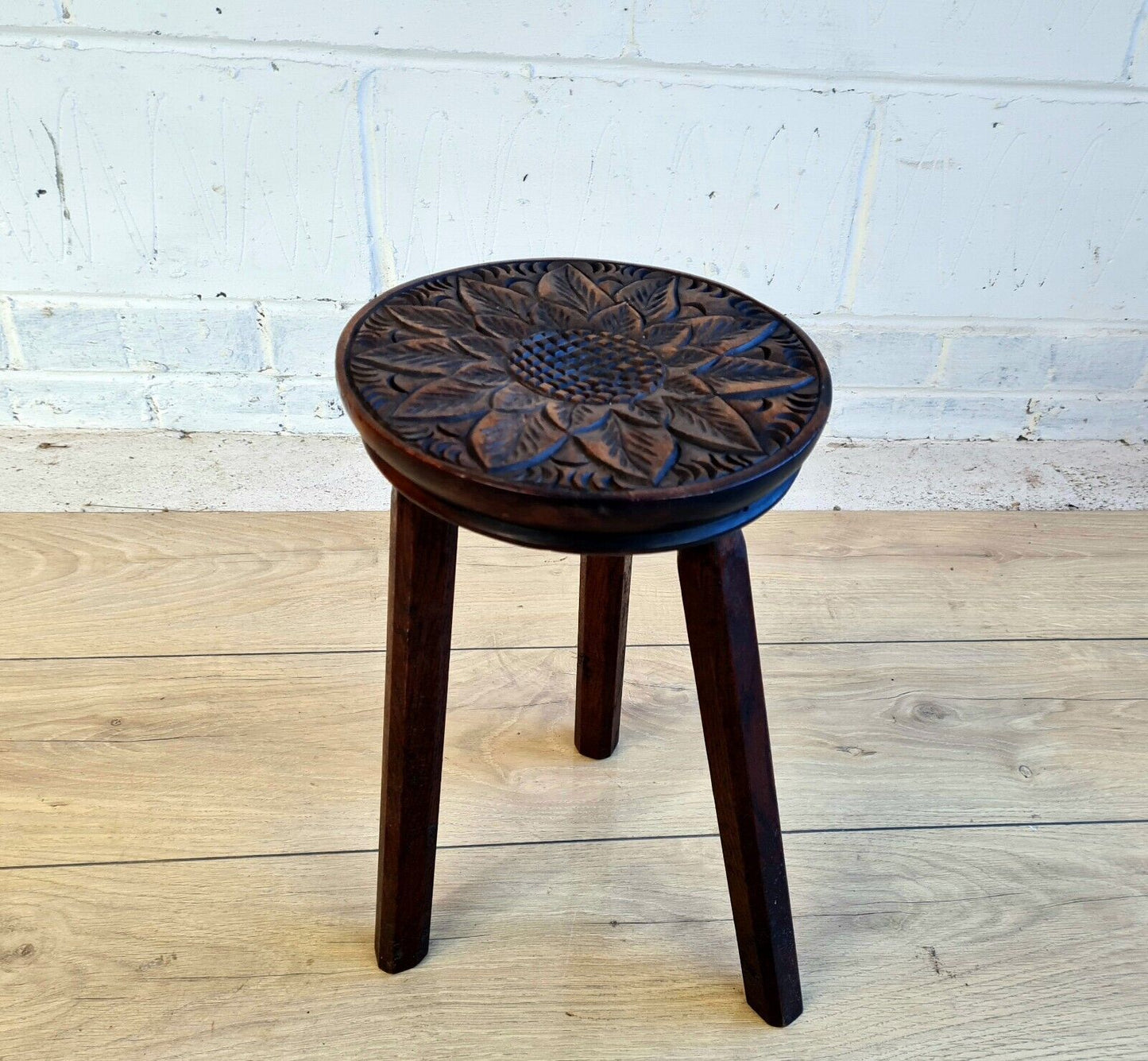 Carved 1920 s floral design oak tripod stool - Free UK Delivery