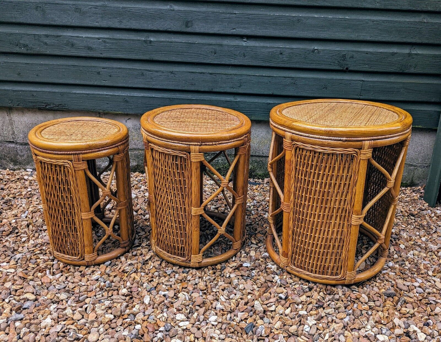 Vintage bamboo & wicker round stacking tables