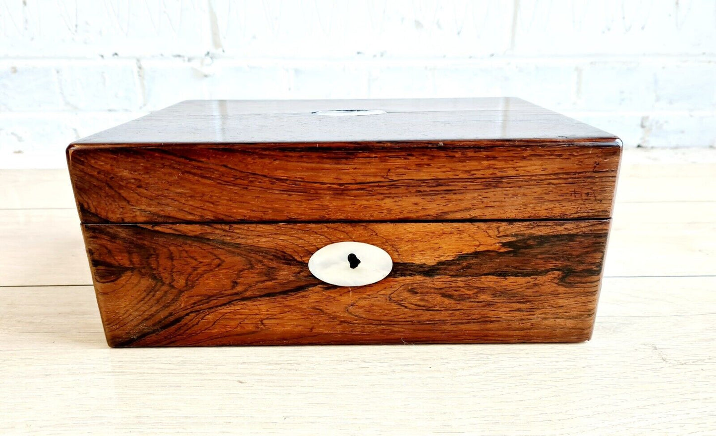 Antique Rosewood Work Box/Keepsake Box With Mother Of Pearl Inlay and Escutcheon