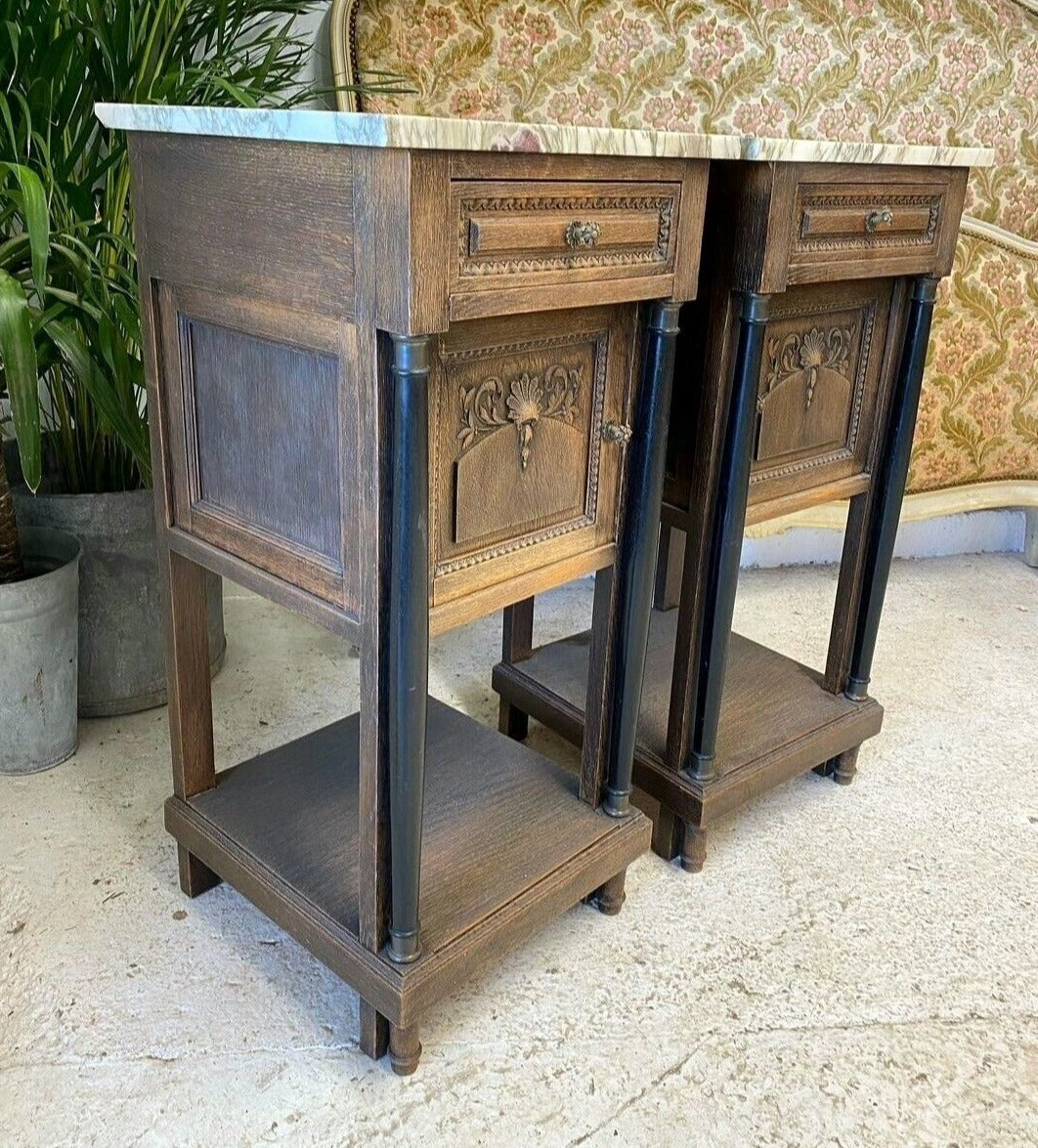 Antique French Empire Carved Tall Side Tables With Marble Top