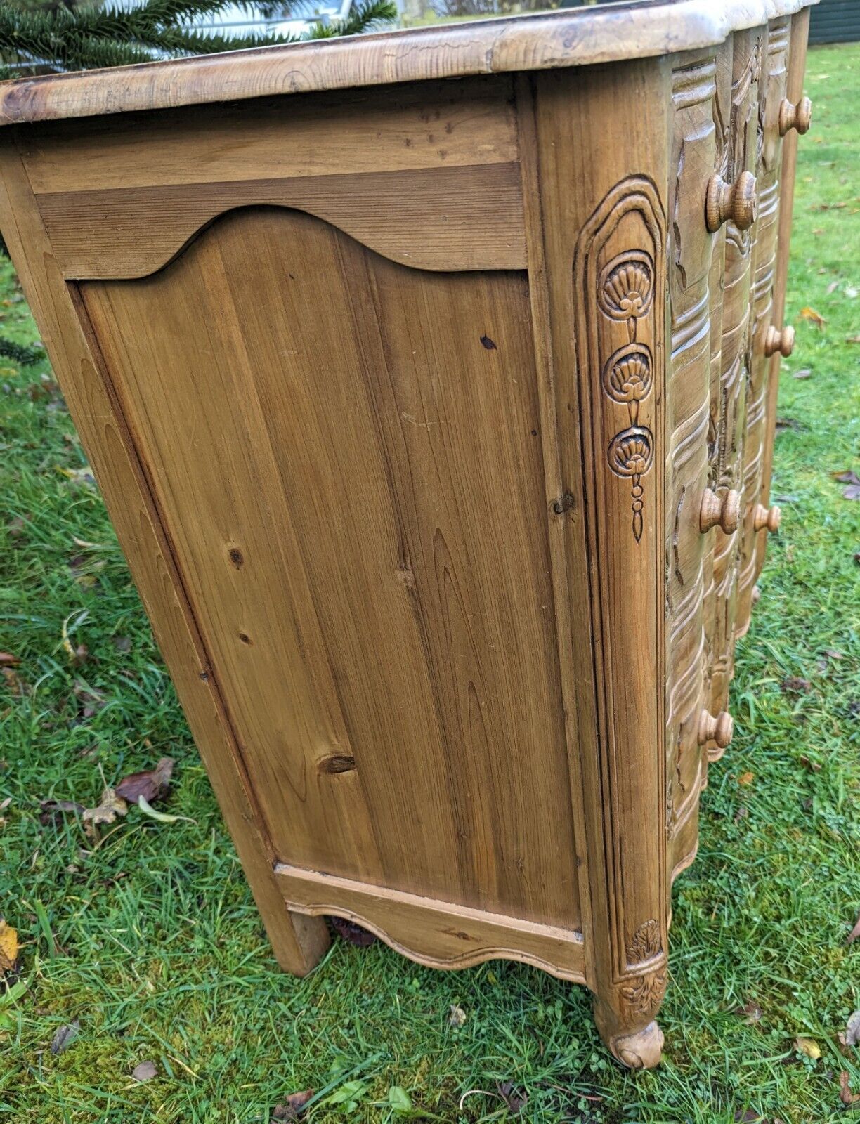 Exceptional french hand carved pine vintage chest of 3 drawers