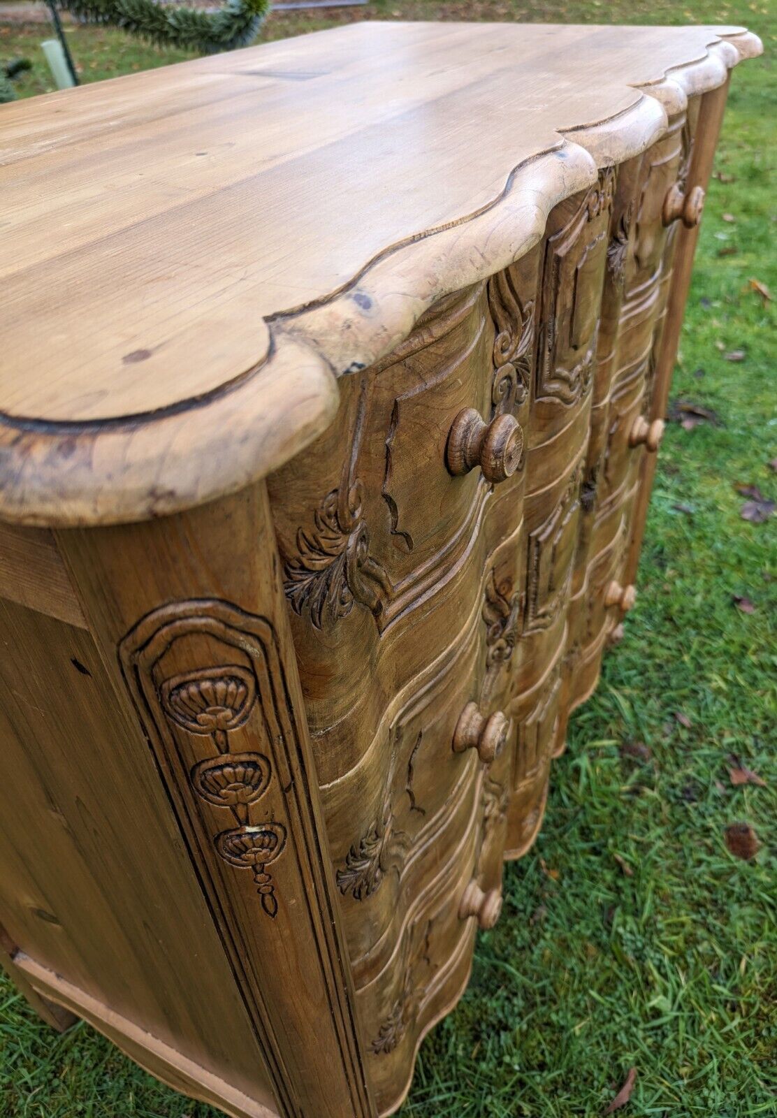 Exceptional french hand carved pine vintage chest of 3 drawers