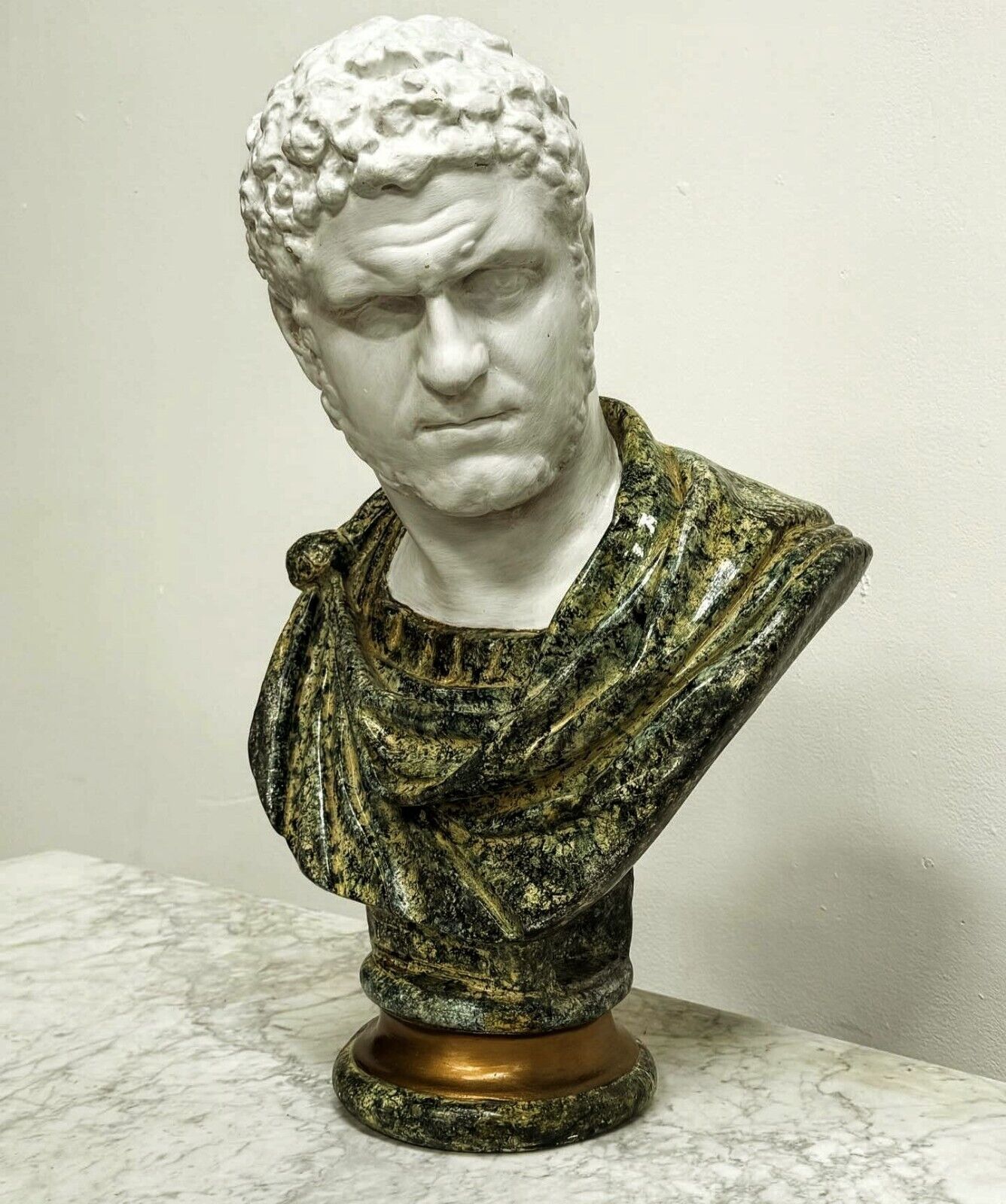 Impressive Plaster Caracalla Roman Bust In Simulated Marble Robe- Sold