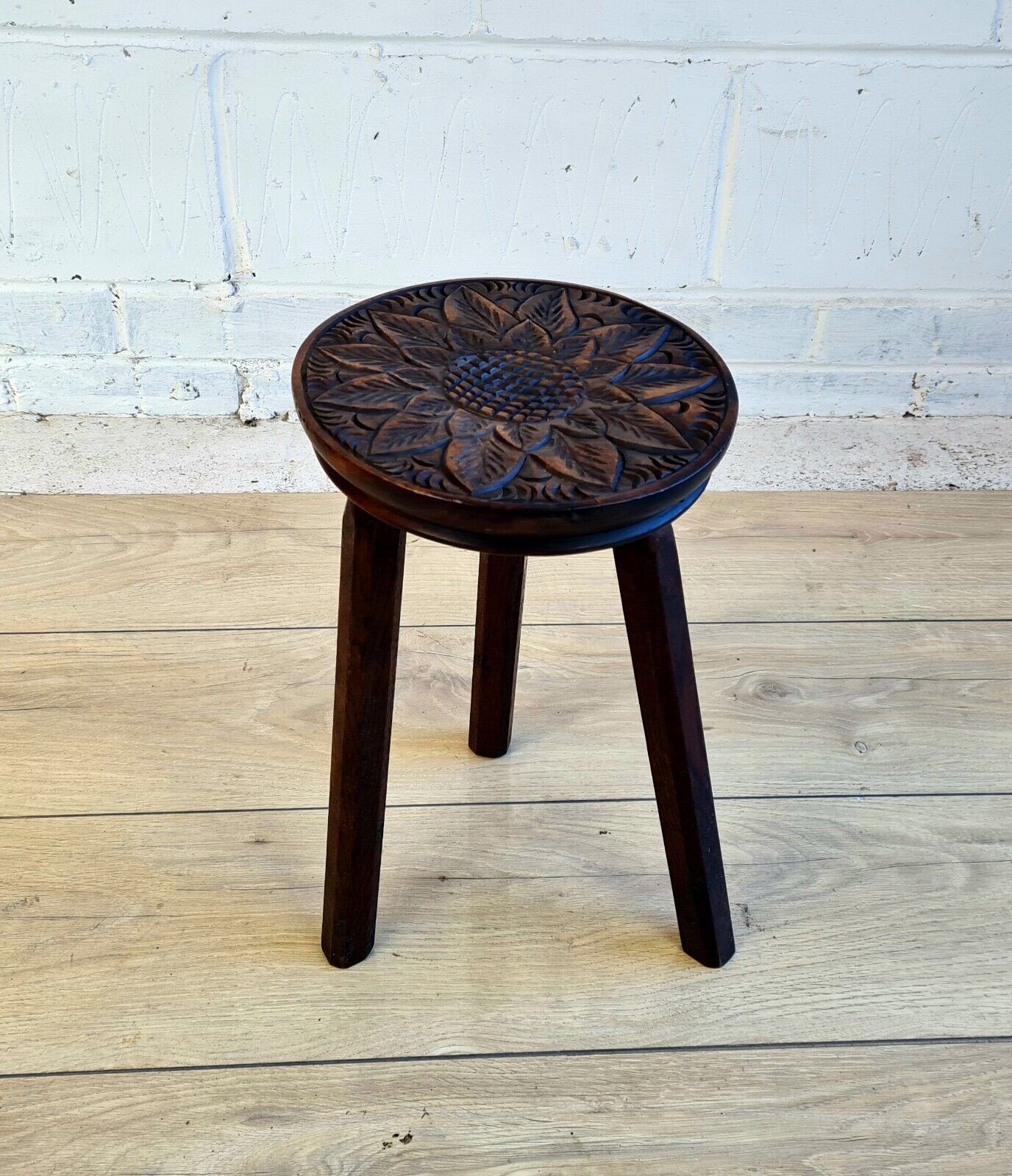 Carved 1920 s floral design oak tripod stool - Free UK Delivery