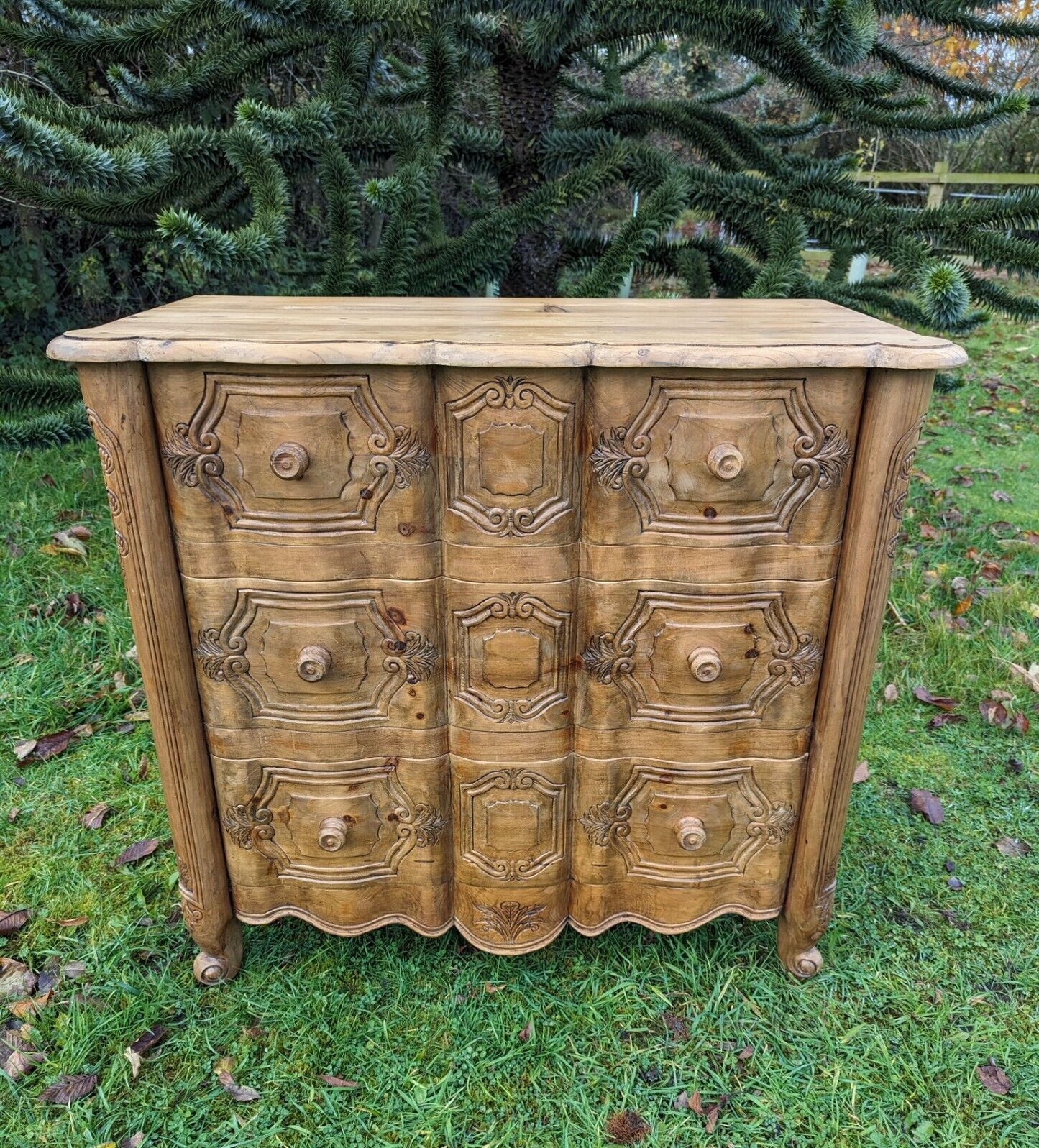 Exceptional french hand carved pine vintage chest of 3 drawers