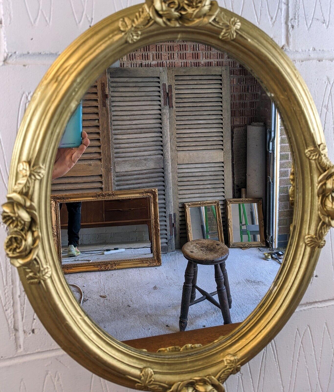 French ANTIQUE ROSE OVAL GILDED MIRROR