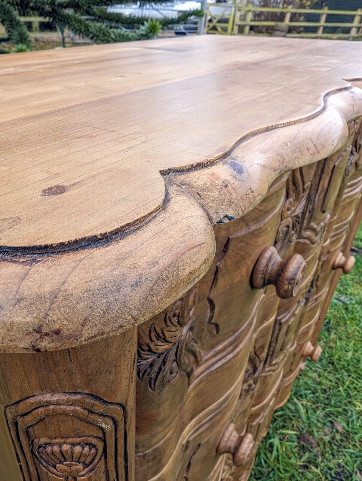 Exceptional french hand carved pine vintage chest of 3 drawers