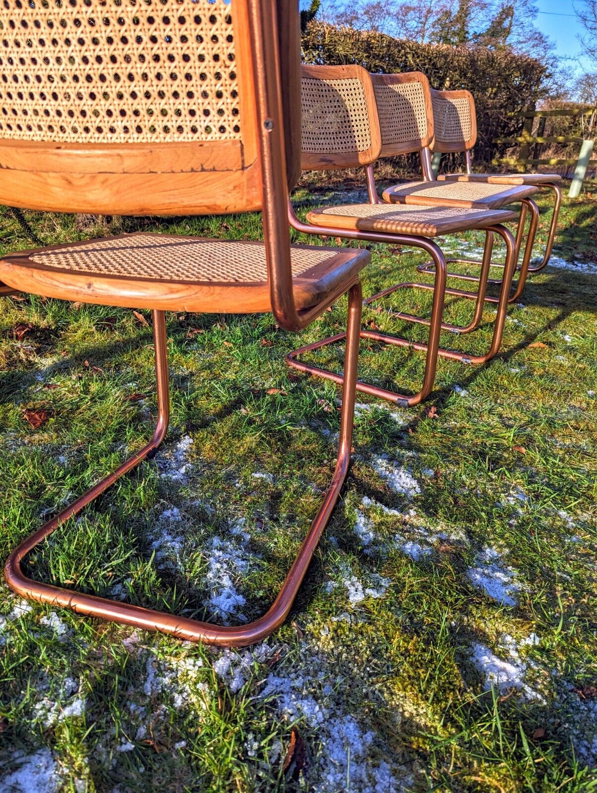 Cesca Style Vintage Oak Rose Gold Chrome & Rattan Cantilever Chairs Delivery Available