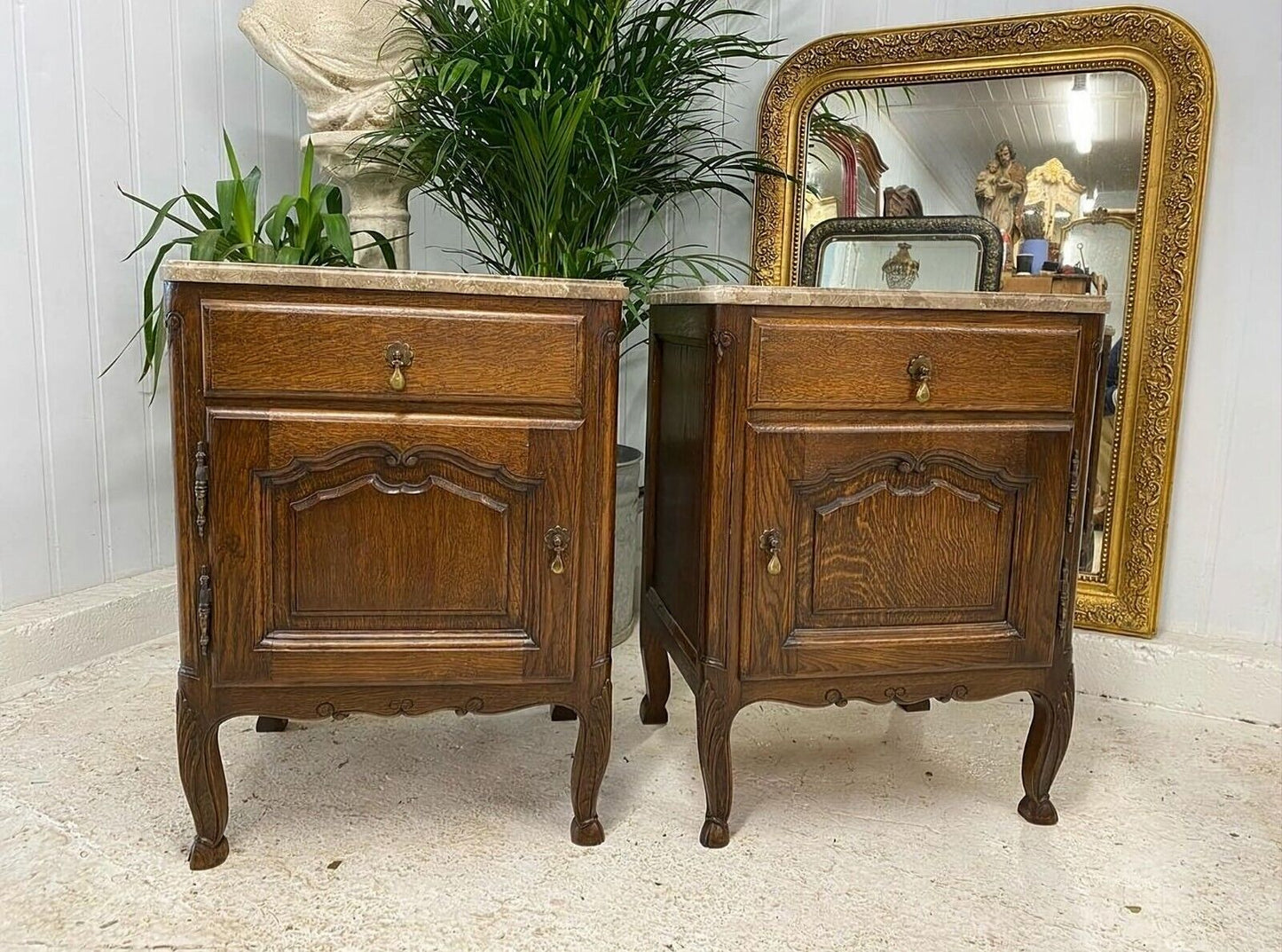 MARBLE TOP & OAK FRENCH BEDSIDE TABLES