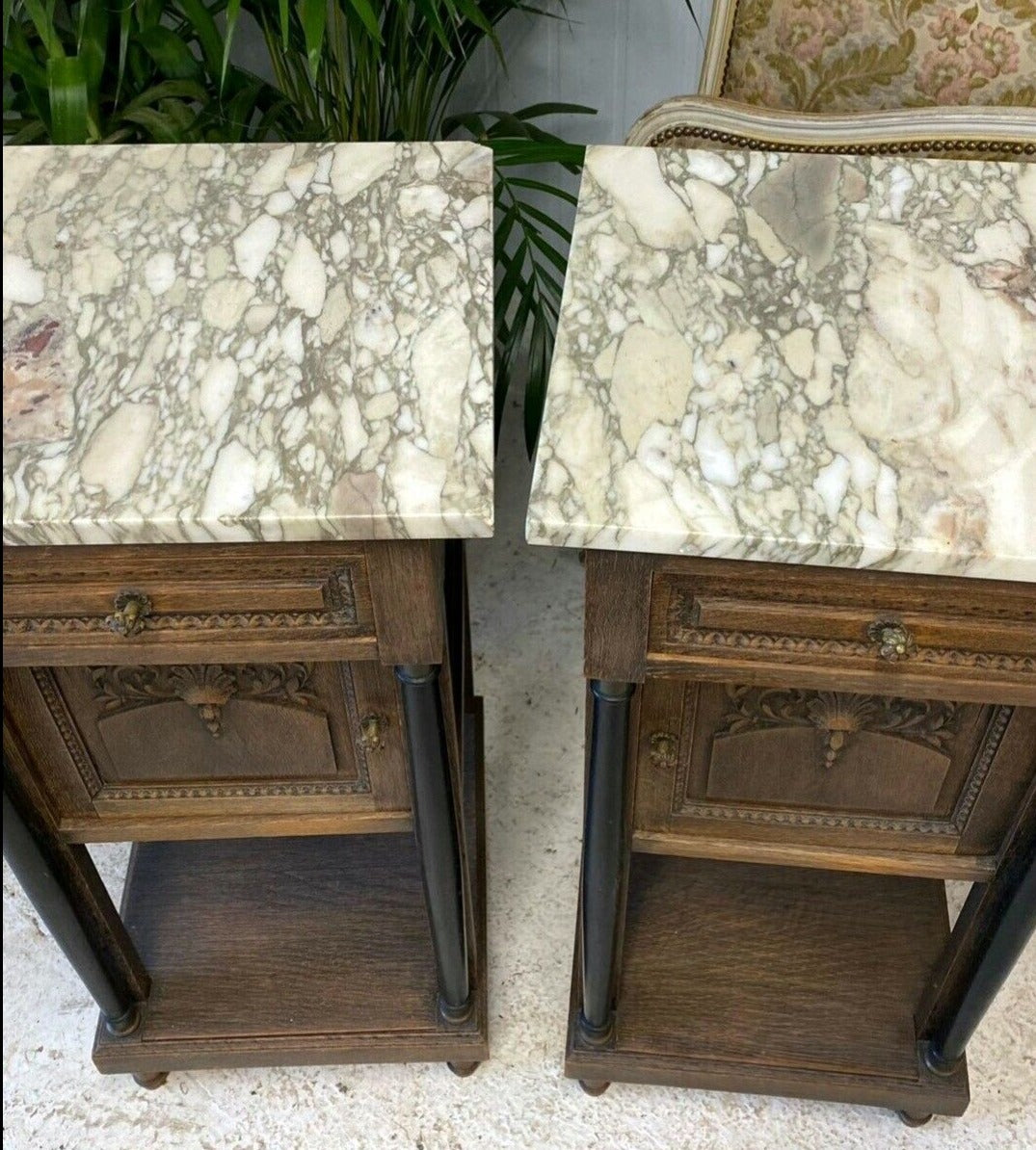 Antique French Empire Carved Tall Side Tables With Marble Top