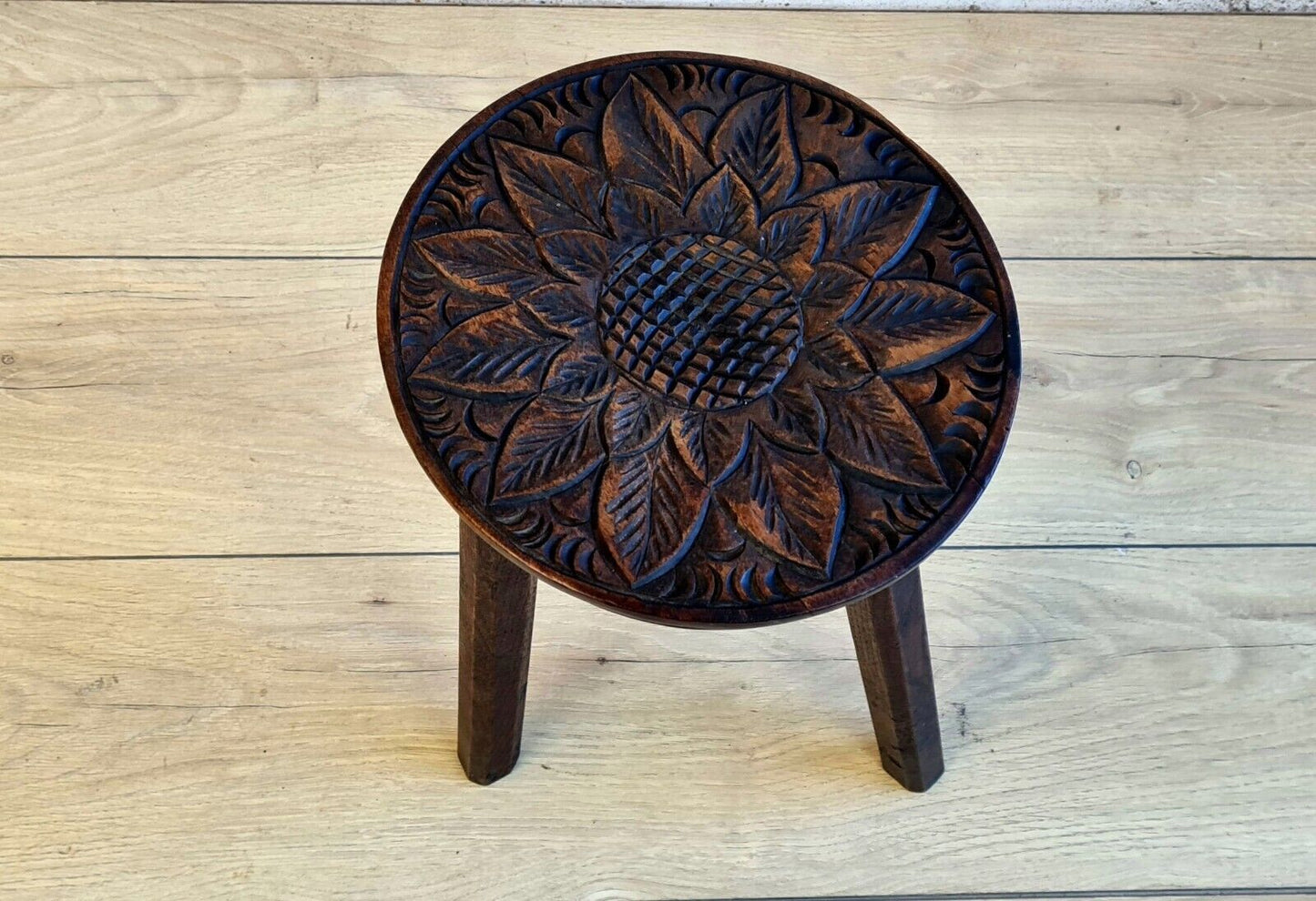 Carved 1920 s floral design oak tripod stool - Free UK Delivery