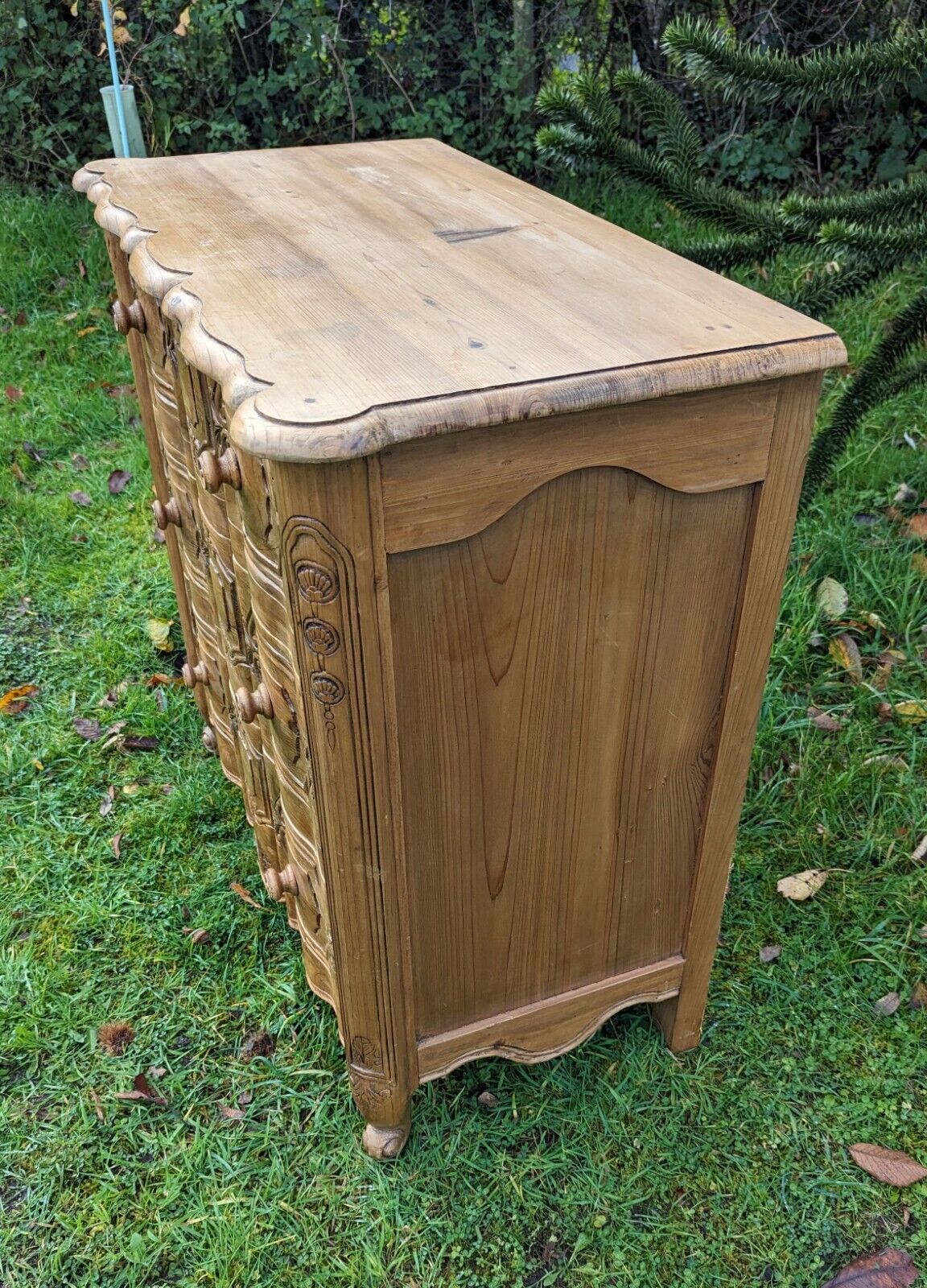 Exceptional french hand carved pine vintage chest of 3 drawers