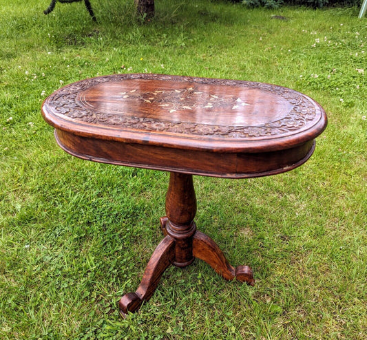 Antique indian hardwood brass inlaid oval table - Free UK Delivery