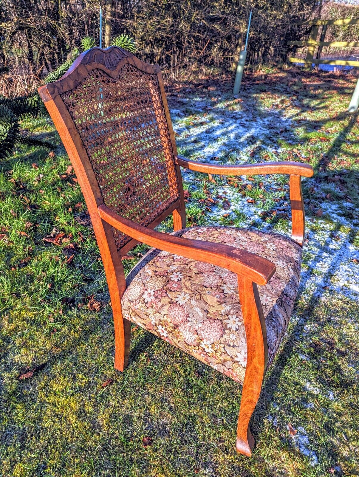 Beautiful Vintage 1930s Rattan Begere Armchair with Floral seat - Free UK Delivery