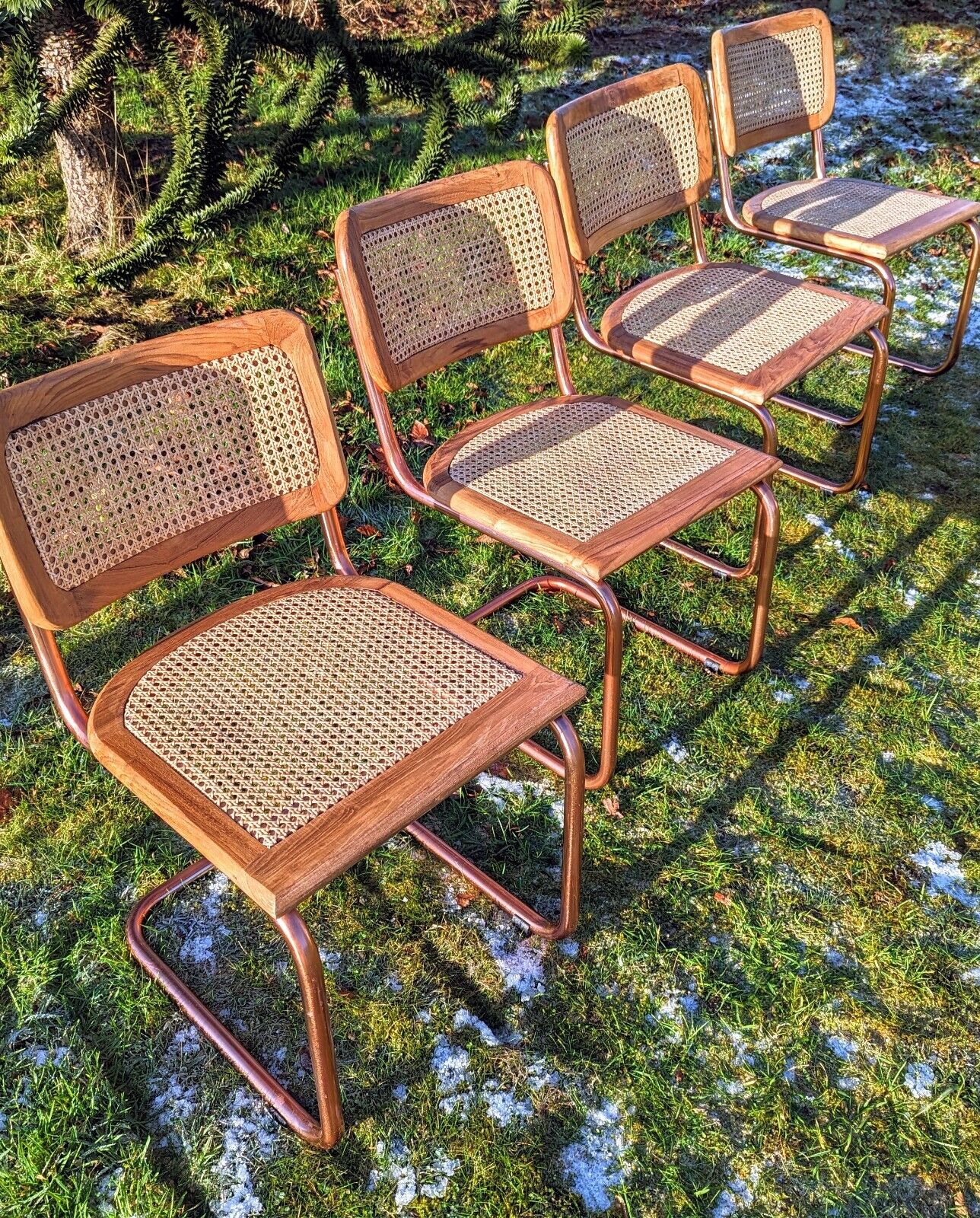 Cesca Style Vintage Oak Rose Gold Chrome & Rattan Cantilever Chairs Delivery Available