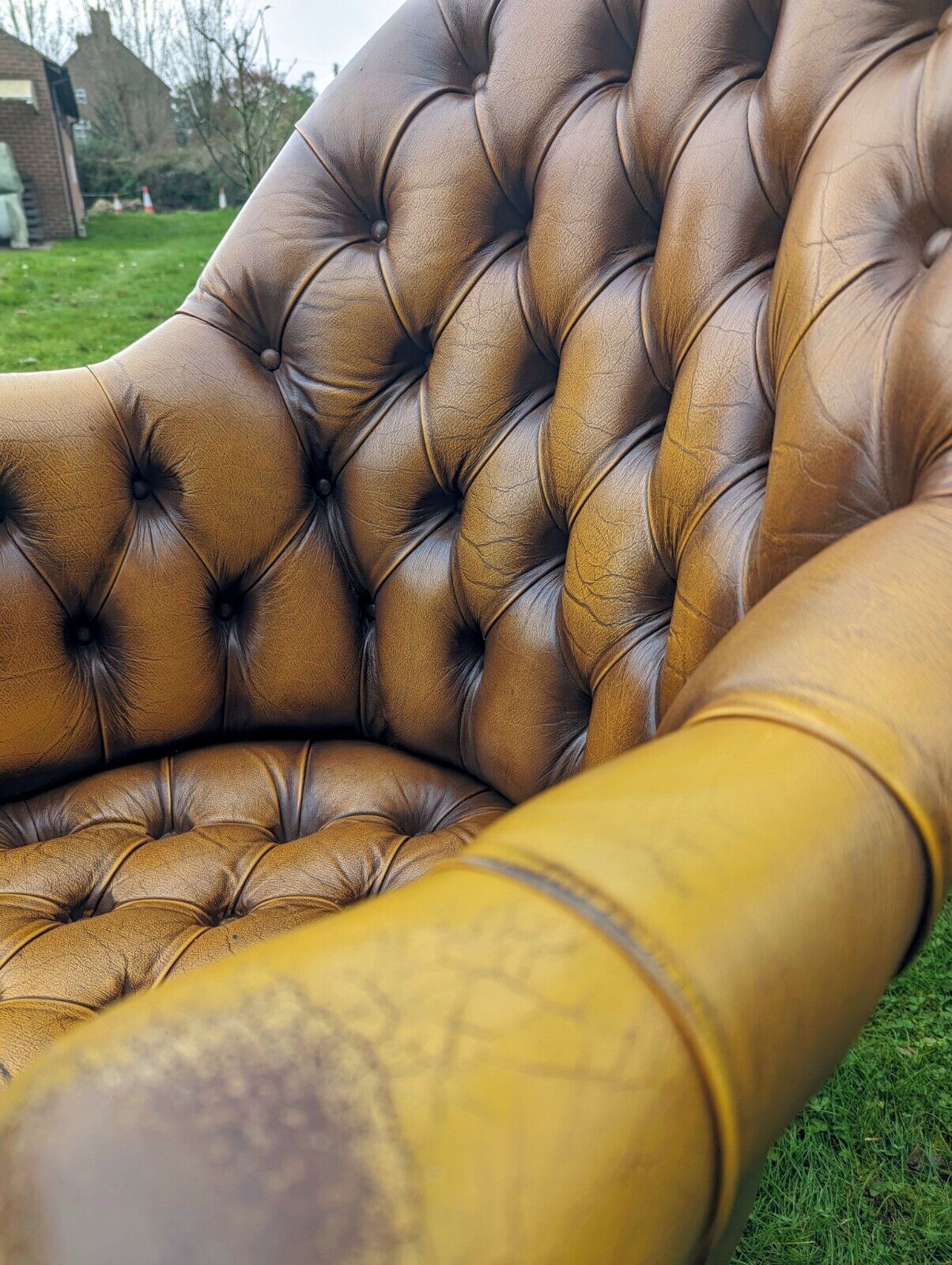 1950s Directors tan leather tilt chesterfield