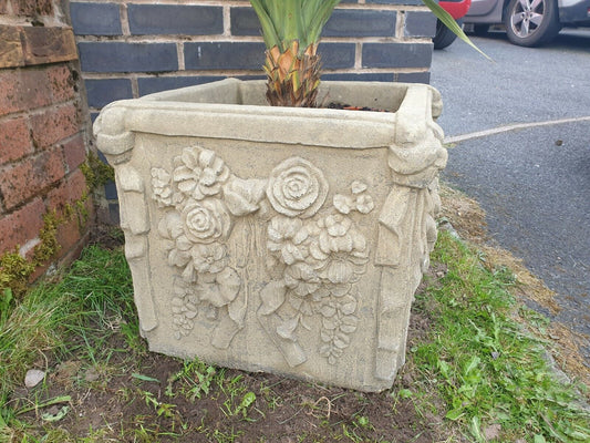 English Stone Rose Detail Garden Urn