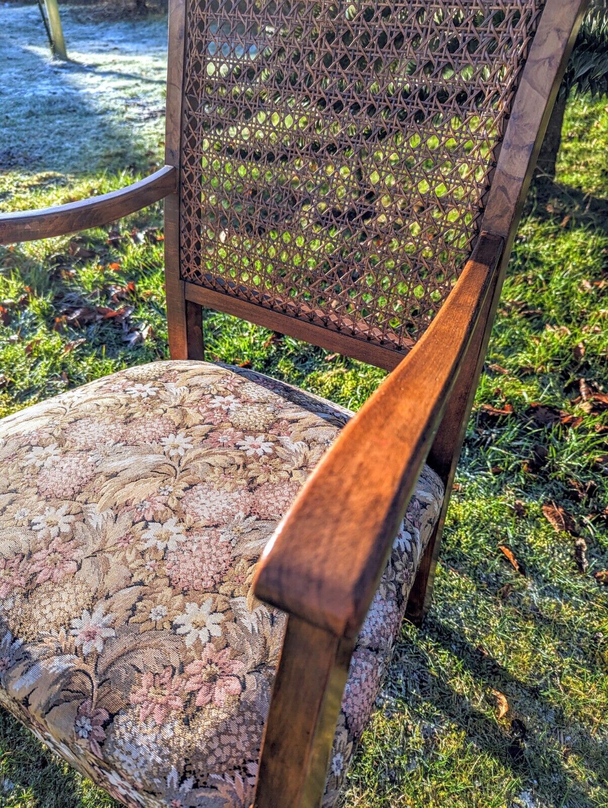 Beautiful Vintage 1930s Rattan Begere Armchair with Floral seat - Free UK Delivery