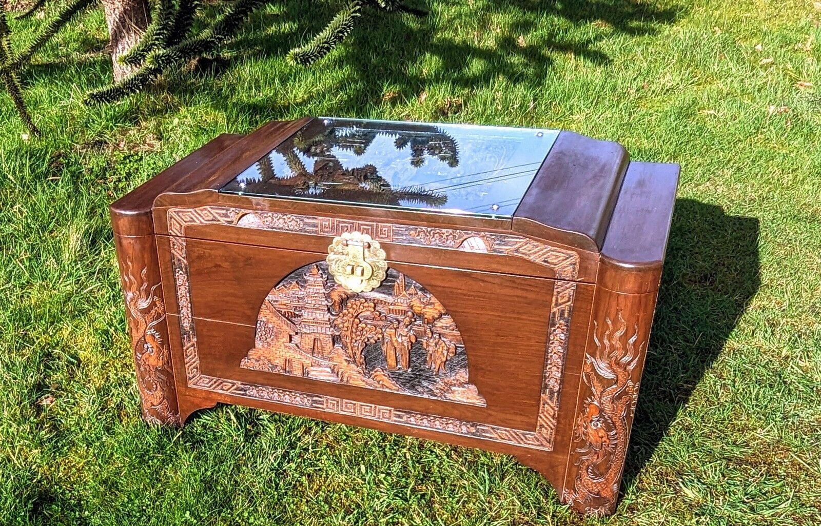 Excellent Vintage Chinese Carved Camphor Wood Blanket Box Delivery a CES Home Garden