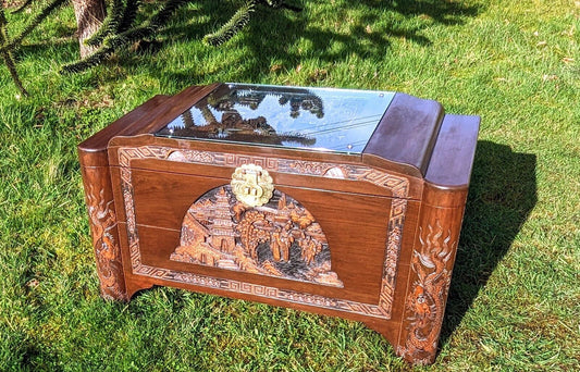 Excellent Vintage Chinese Carved Camphor Wood Blanket Box - Delivery available