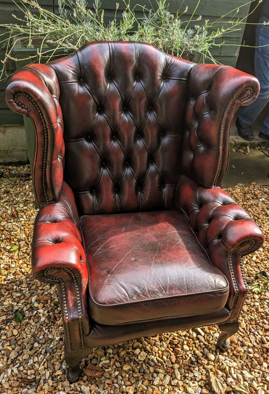 VINTAGE OX BLOOD CHESTERFIELD WINGBACK ARMCHAIR