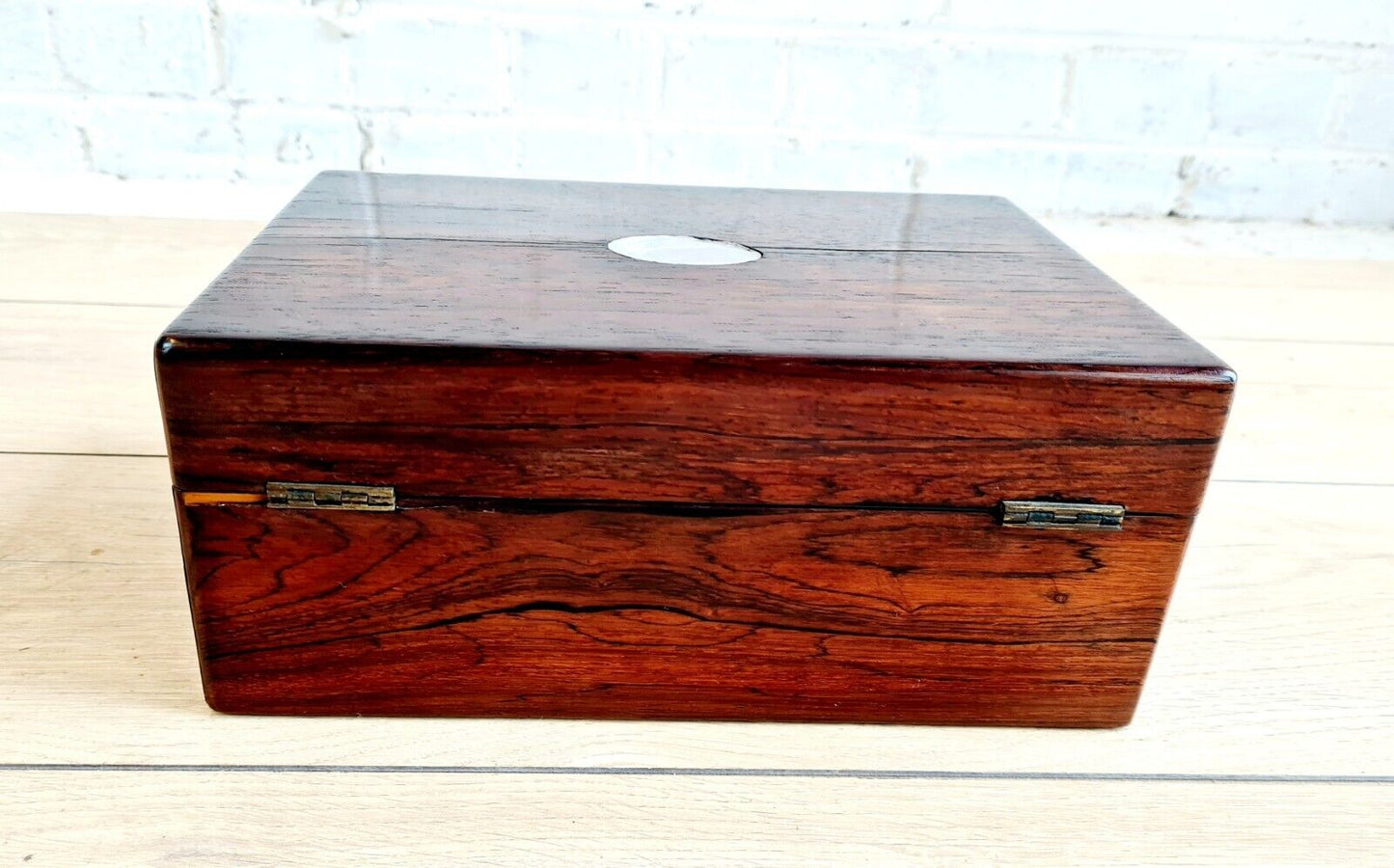 Antique Rosewood Work Box/Keepsake Box With Mother Of Pearl Inlay and Escutcheon