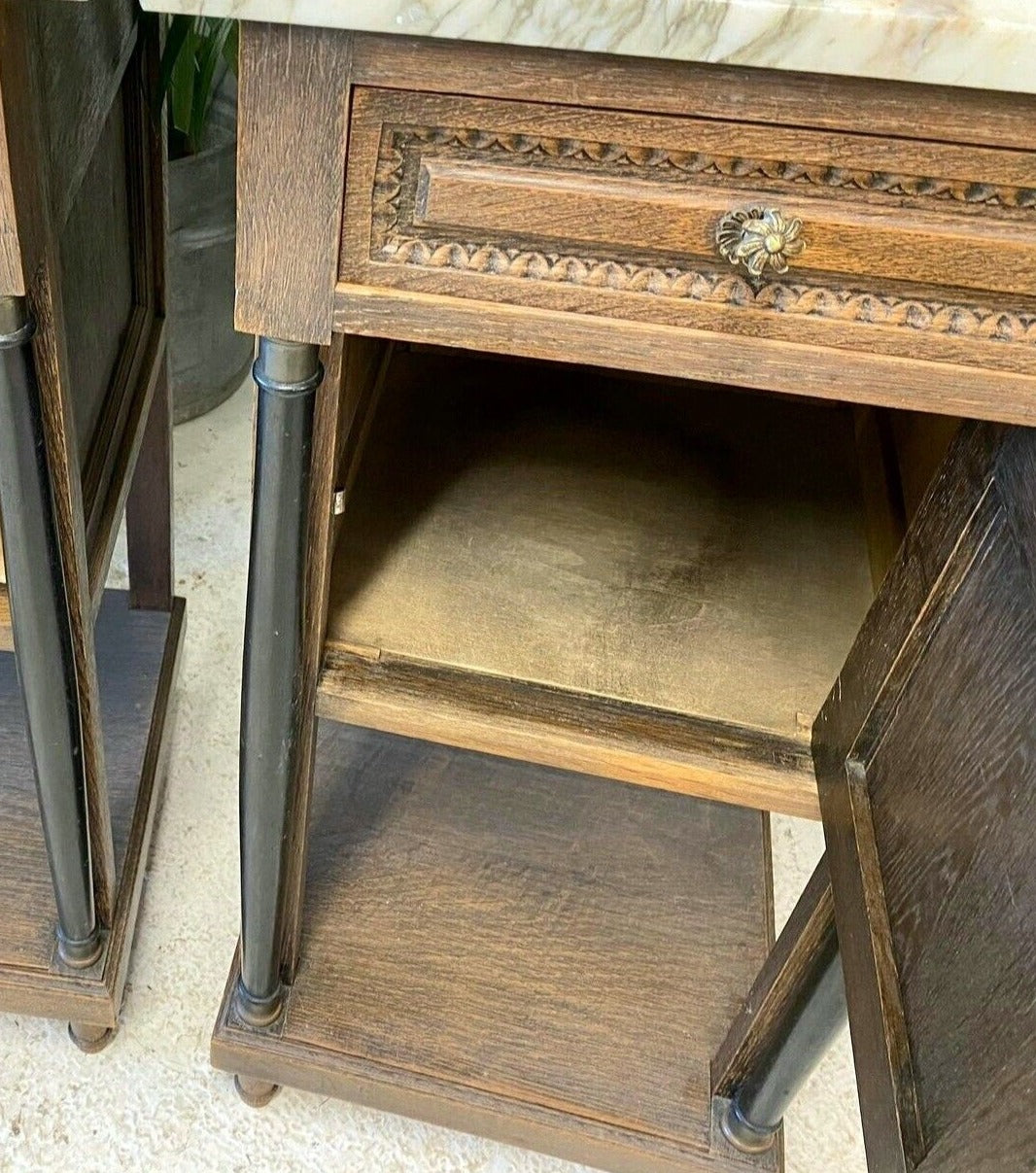 Antique French Empire Carved Tall Side Tables With Marble Top