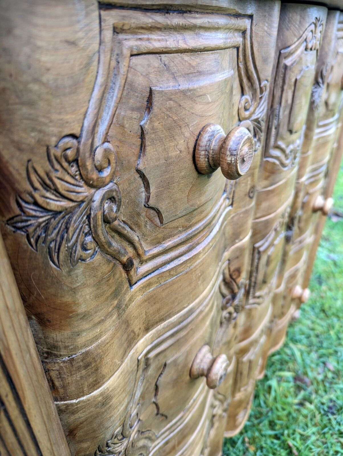 Exceptional french hand carved pine vintage chest of 3 drawers