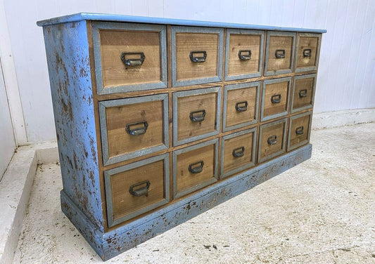 Vintage FRENCH BLUE BANK OF 15 DRAWERS