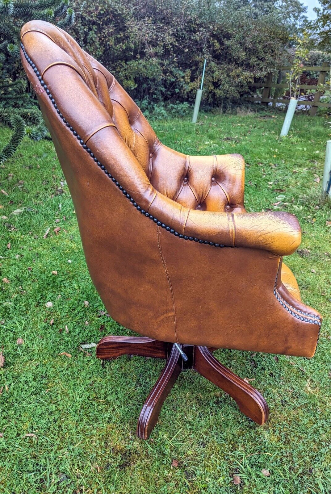 1950s Directors tan leather tilt chesterfield