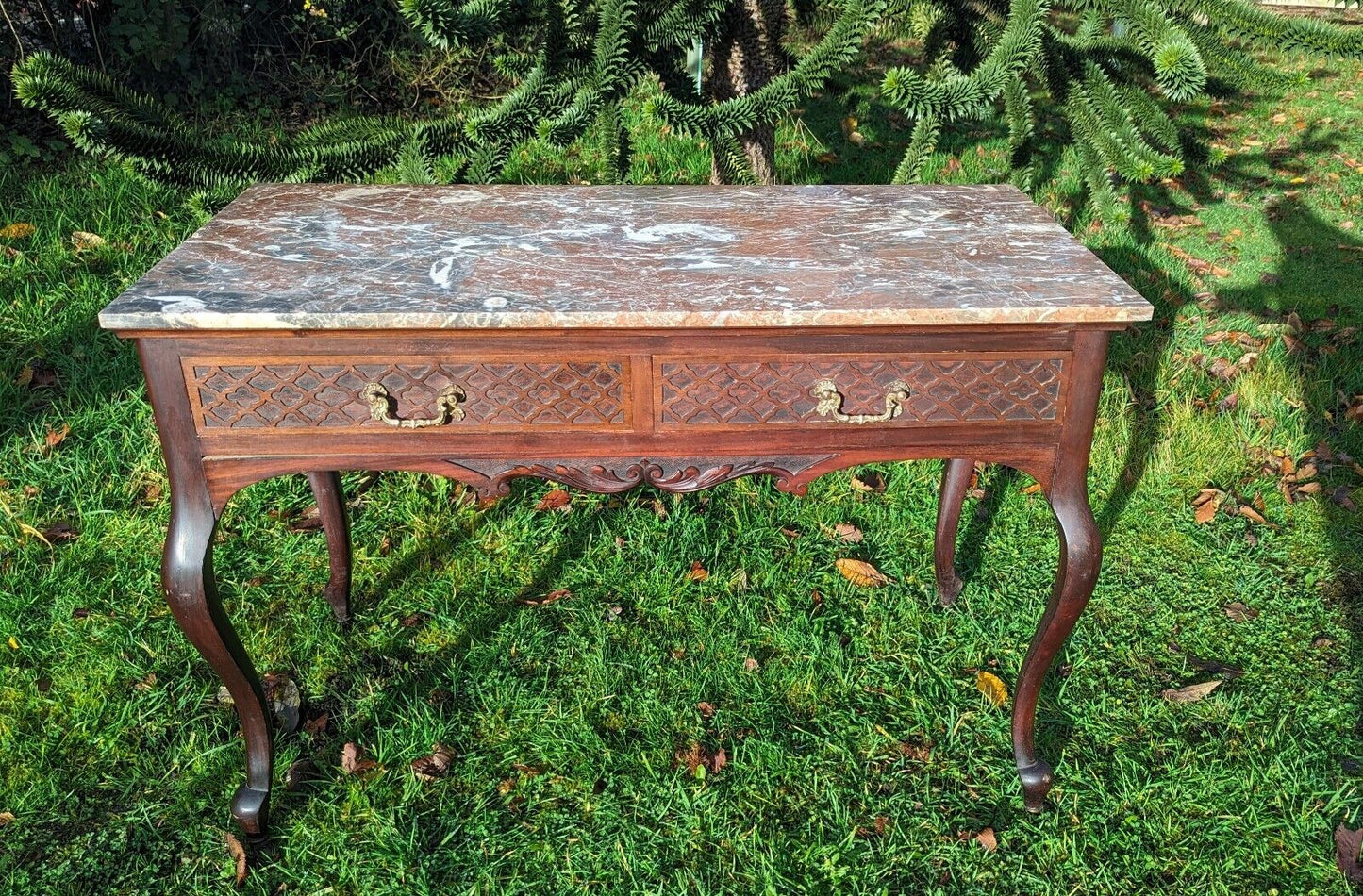 Stylish french carved marble top console table