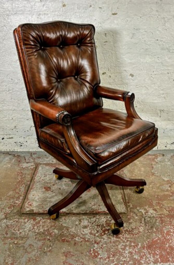 VINTAGE BEVAN FUNNELL LEATHER & MAHOGANY OFFICE SWIVEL CHAIR