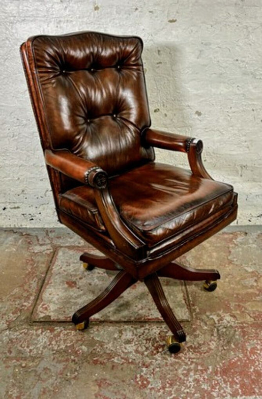 VINTAGE BEVAN FUNNELL LEATHER & MAHOGANY OFFICE SWIVEL CHAIR