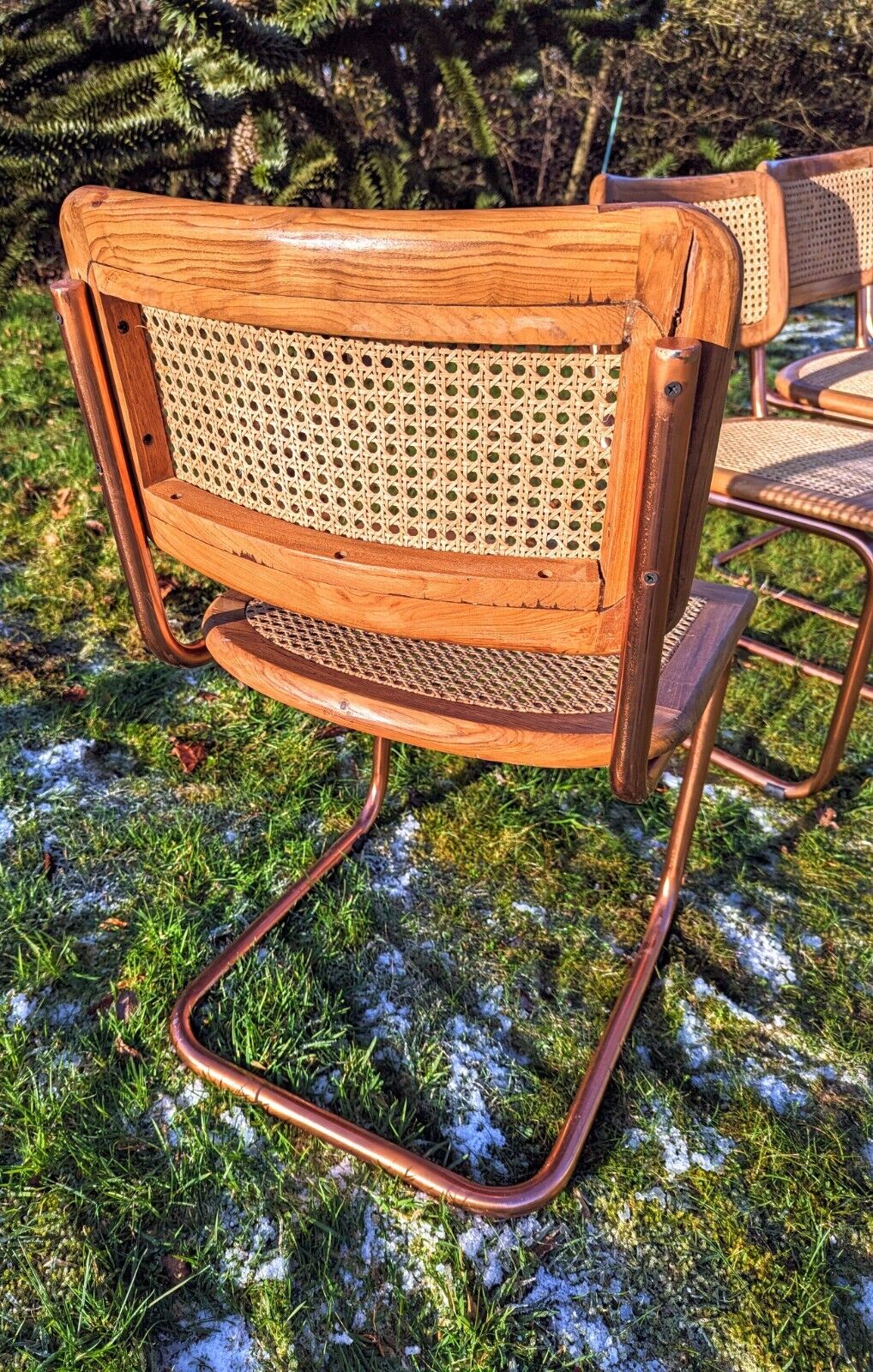 Cesca Style Vintage Oak Rose Gold Chrome & Rattan Cantilever Chairs Delivery Available