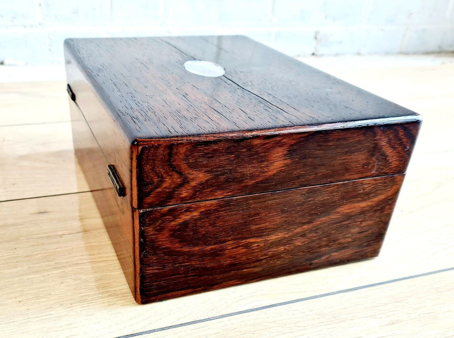 Antique Rosewood Work Box/Keepsake Box With Mother Of Pearl Inlay and Escutcheon