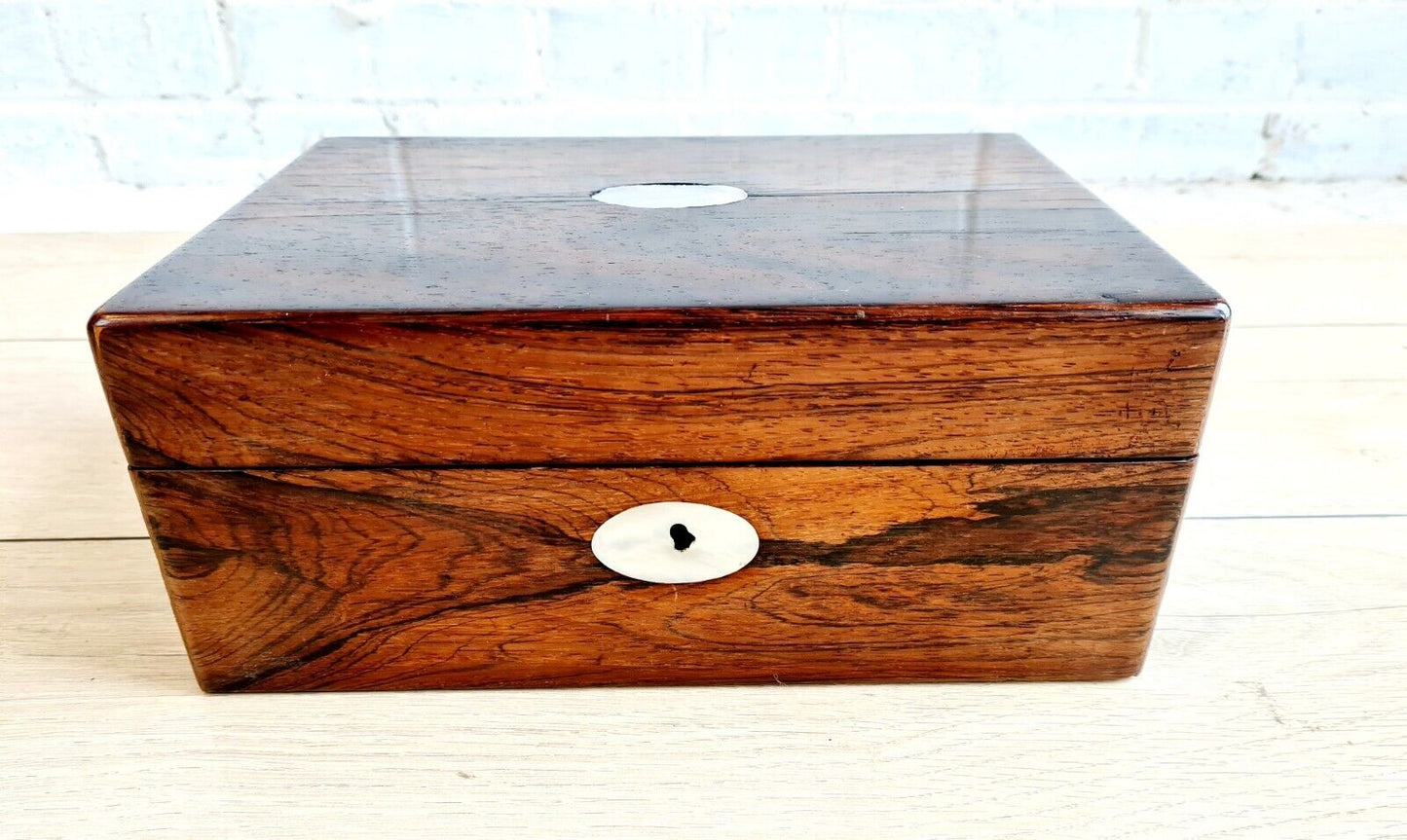 Antique Rosewood Work Box/Keepsake Box With Mother Of Pearl Inlay and Escutcheon